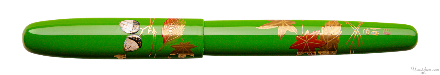 Danitrio Autumn Maple and Gingko Leaves on Green Maki-E on Hanryo Fountain Pen